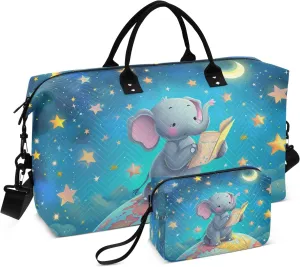 Travel Duffle Bag, Elephant Read Book Starry Sky Gym Bag with Storage Bag Weekender Overnight Bag for Men Women Trip Sports Yoga