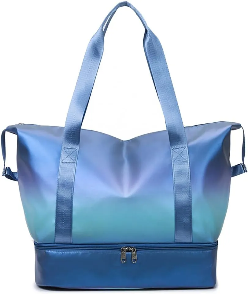 Travel Duffle Bag for Women Sturdy Weekender Bags with Bottom Shoes Compartment Waterproof Overnight Tote Bag with Wet Pocket (Blue)