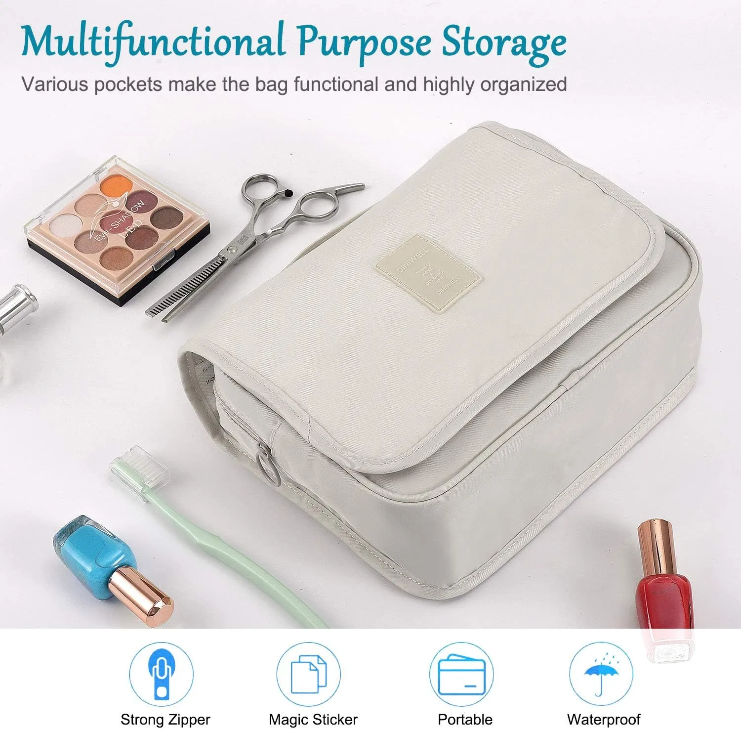 Trawila Travel Hanging Toiletry Bag Cosmetic Bag Makeup Organizers for Men & Women with Sturdy Hook (Beige)