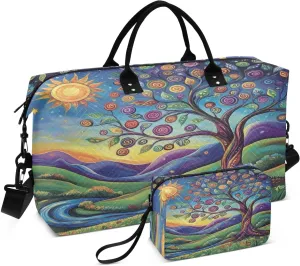Tree River Landscape Blue Sports Gym Bag for Women Men Travel Duffel Bag Weekend Overnight Carry on Bag with Toiletry Bag Training Handbag for Workout Swimming Yoga Plane Hospital