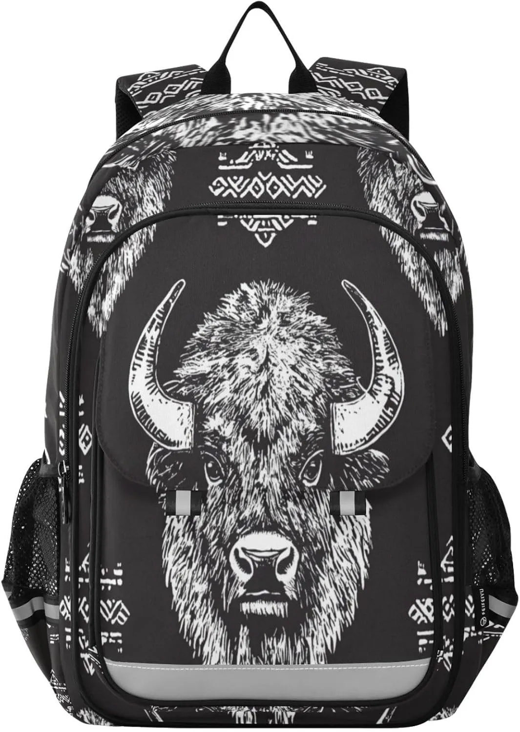 Tribal Totem Bison Head Backpack for Boys Girls Elementary School Bag Kids Bookbag Travel Rucksack With Reflective Stripes