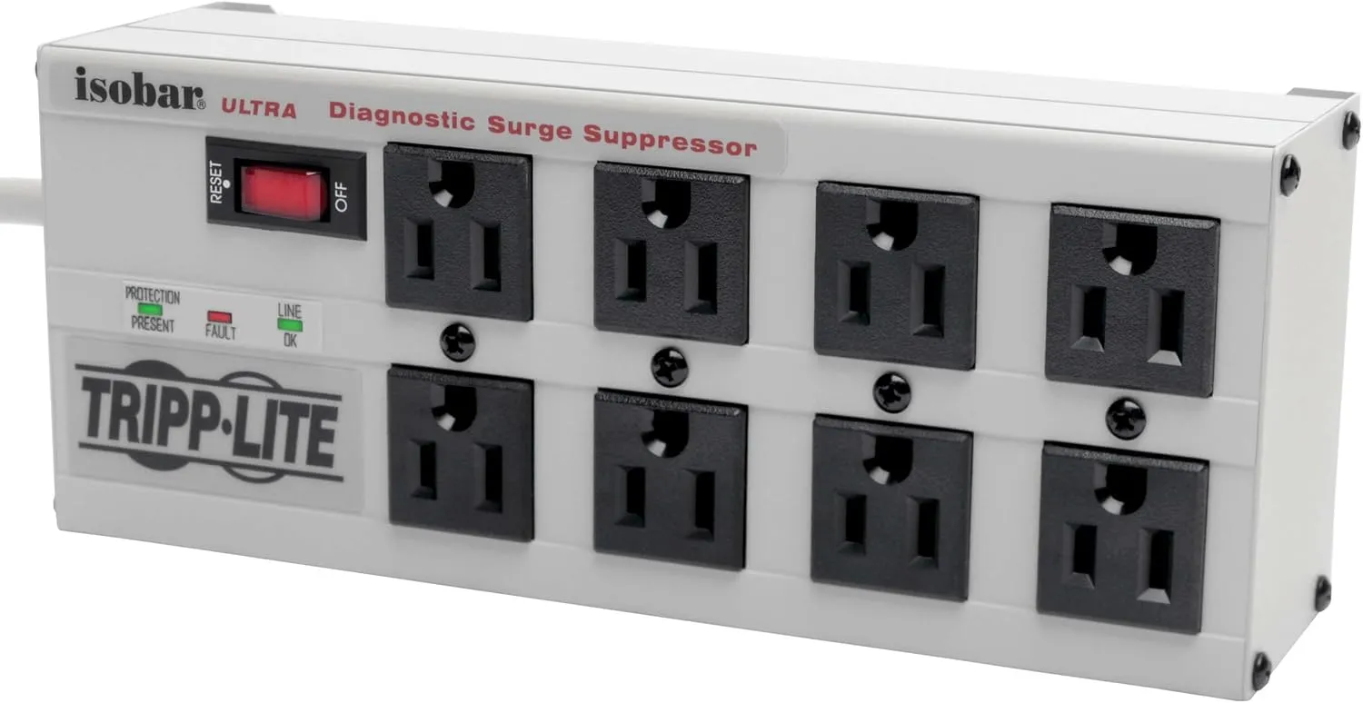 Tripp Lite Isobar 8 Outlet Surge Protector Power Strip, 25ft Long Cord, Right-Angle Plug, Metal, & $50,000 INSURANCE (ISOBAR825ULTRA) Gray
