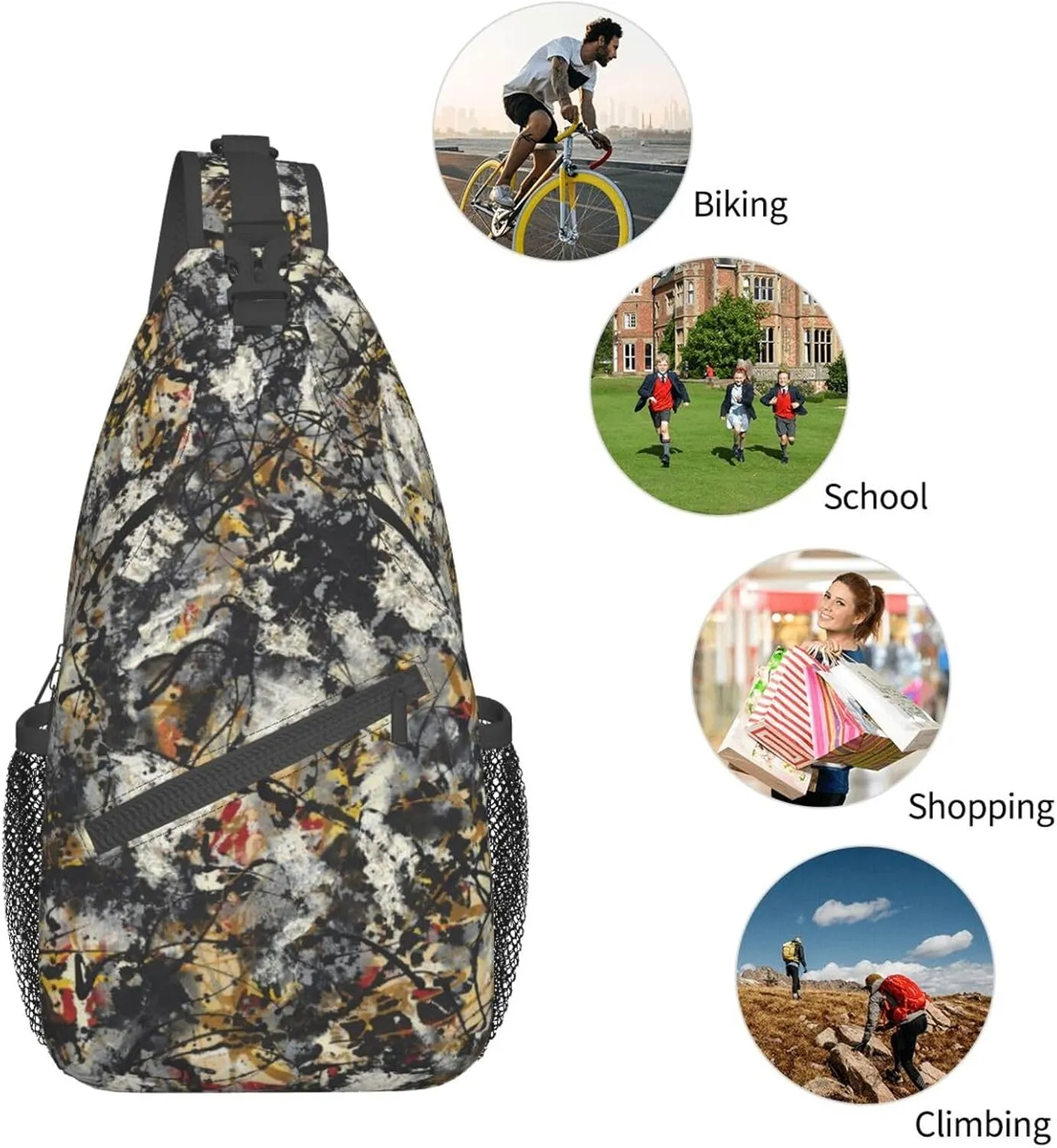 Trippy Rave Hippie Street Graffiti Abstract Art Black Sling Backpack Crossbody Sling Bag Casual Chest Bags Travel Hiking Daypack Shoulder Bag for Women Men