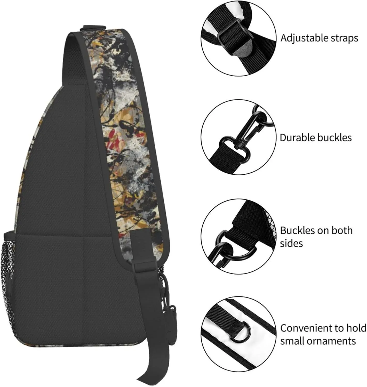 Trippy Rave Hippie Street Graffiti Abstract Art Black Sling Backpack Crossbody Sling Bag Casual Chest Bags Travel Hiking Daypack Shoulder Bag for Women Men