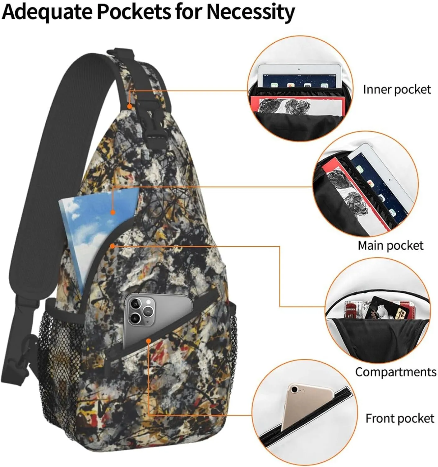 Trippy Rave Hippie Street Graffiti Abstract Art Black Sling Backpack Crossbody Sling Bag Casual Chest Bags Travel Hiking Daypack Shoulder Bag for Women Men