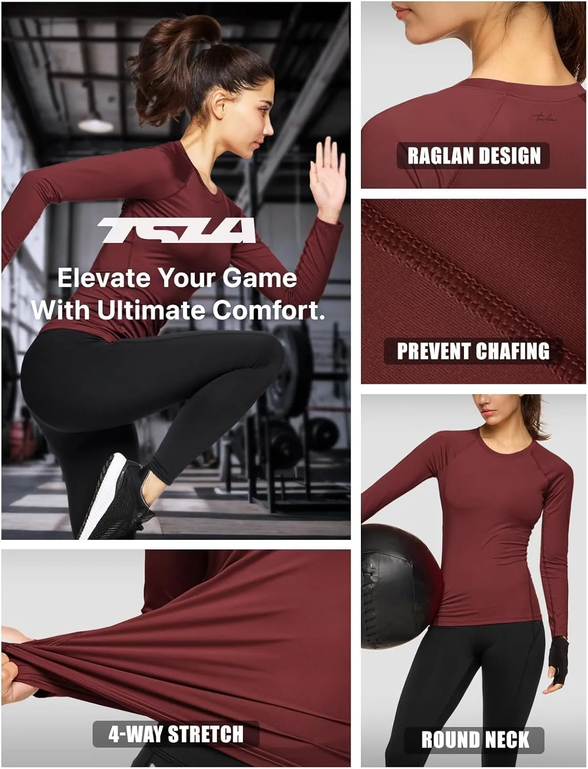 TSLA Women's Sports Compression Shirt, Cool Dry Fit Long Sleeve Workout Tops, Athletic Exercise Gym Yoga Shirts