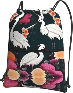 Two Cranes Chrysanthemum Print Drawstring Zipper Backpack â€“ Gym Drawstring Bag for Sports, Yoga, Dance, Travel, and More