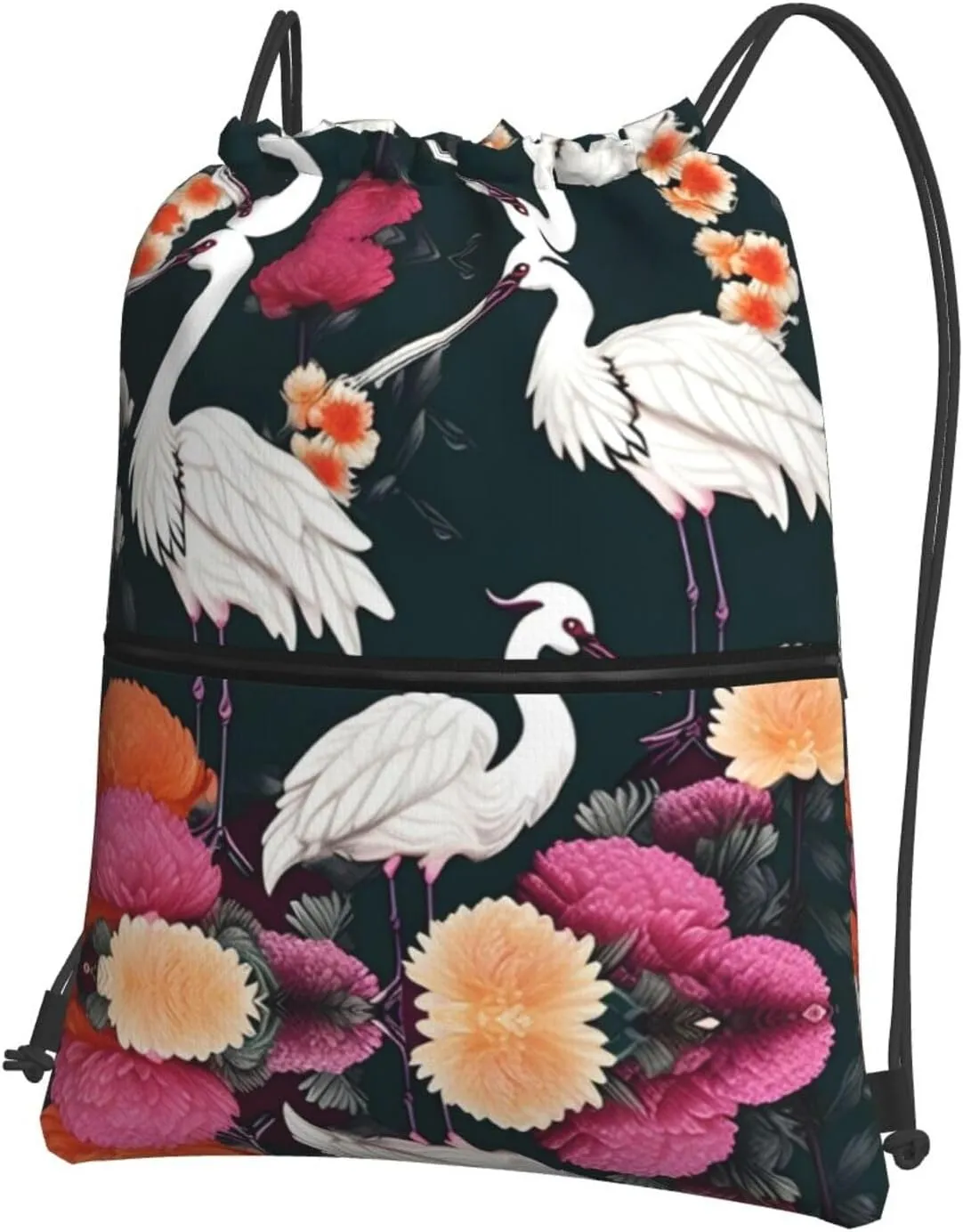 Two Cranes Chrysanthemum Print Drawstring Zipper Backpack â€“ Gym Drawstring Bag for Sports, Yoga, Dance, Travel, and More