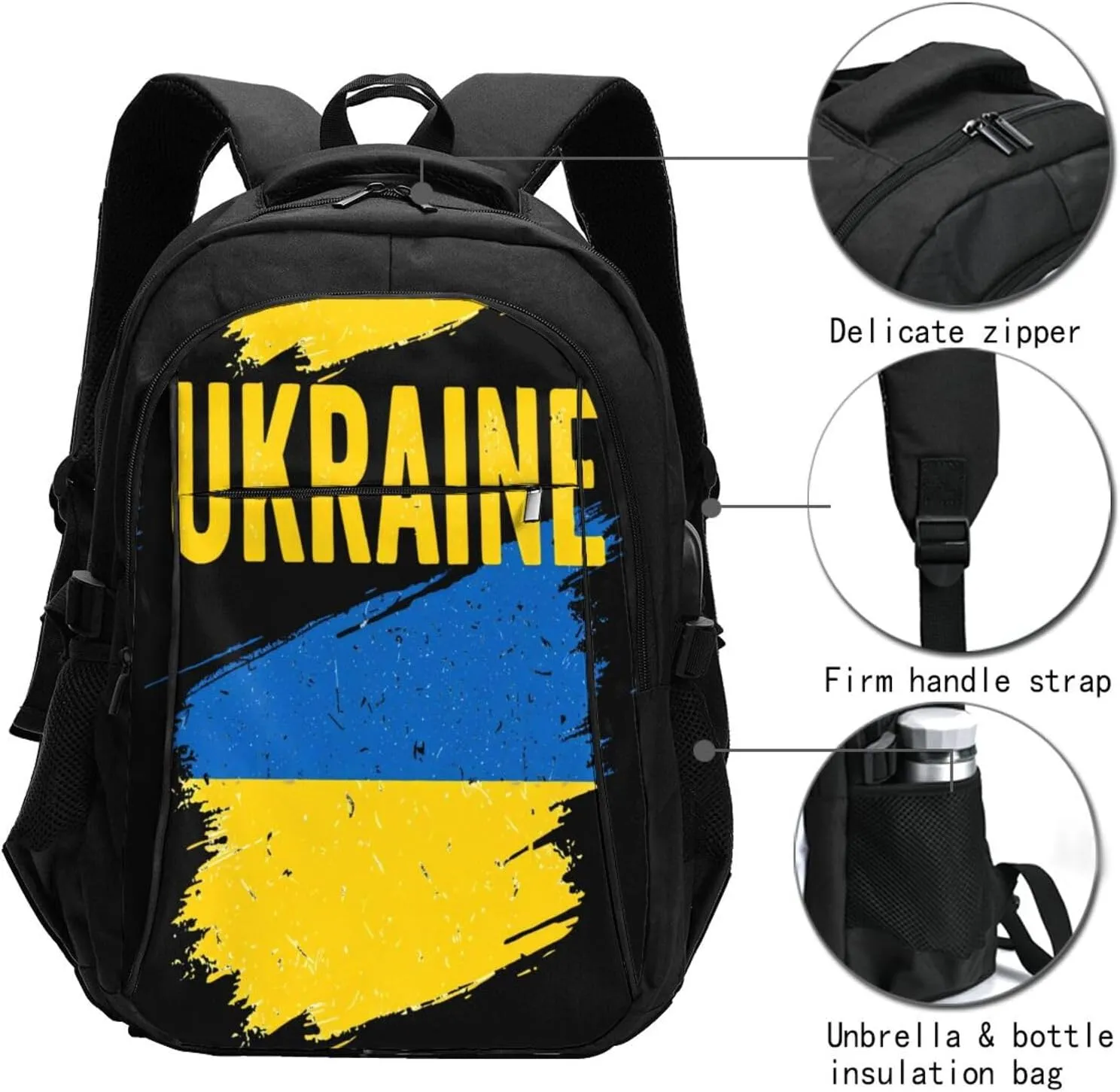 Ukraine Ukrainian Flag Casual Travel Backpacks Hiking Camping Backpack Large Outdoor Sport Daypack Laptop Rucksack Climbing Working Bags with USB Port