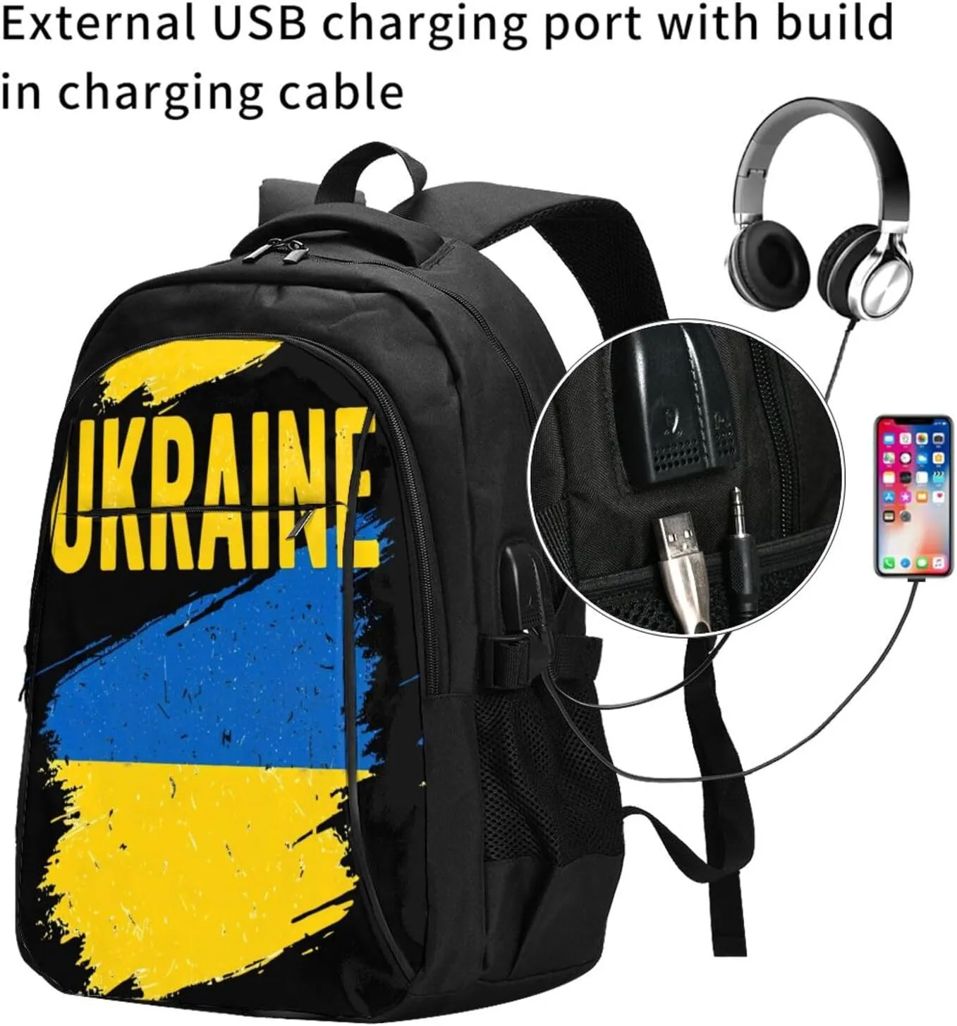 Ukraine Ukrainian Flag Casual Travel Backpacks Hiking Camping Backpack Large Outdoor Sport Daypack Laptop Rucksack Climbing Working Bags with USB Port