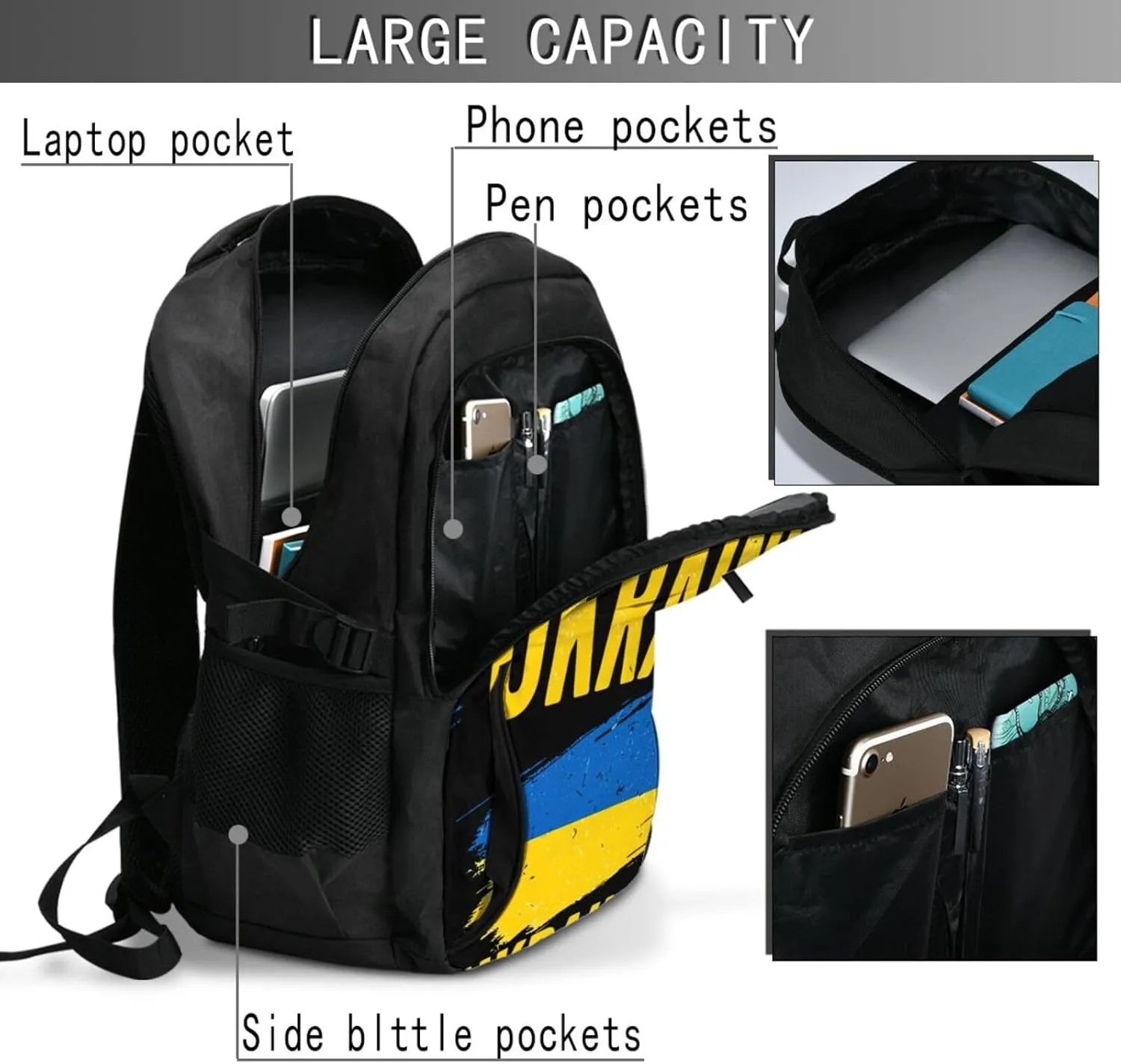 Ukraine Ukrainian Flag Casual Travel Backpacks Hiking Camping Backpack Large Outdoor Sport Daypack Laptop Rucksack Climbing Working Bags with USB Port