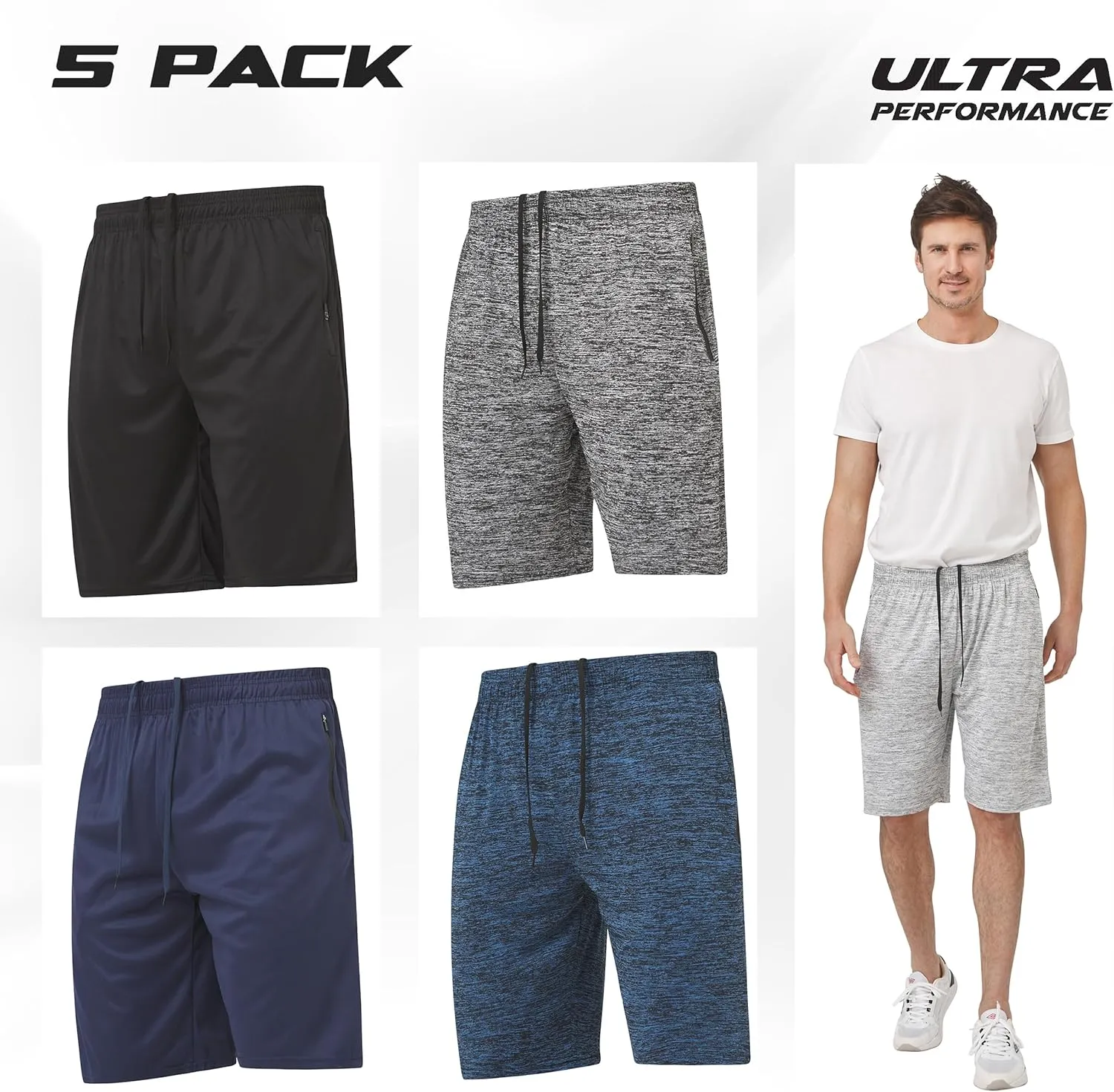 Ultra Performance Mens 5 Pack Athletic Running Shorts, Basketball Gym Workout Shorts for Men with Zippered Pockets