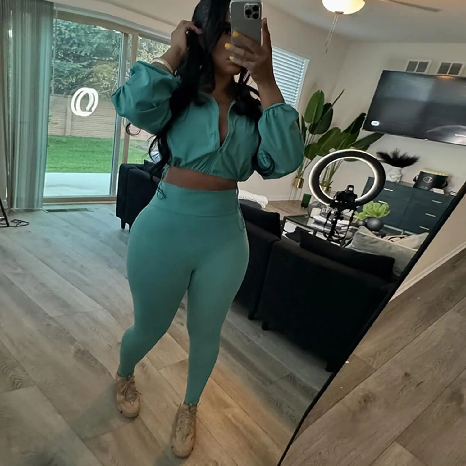 Uni Clau Women 2 Piece Outfits Tracksuit Drawstring Long Sleeve Zip Up Crop Jacket with Bodycon Pant Set Sweatsuit Clothes