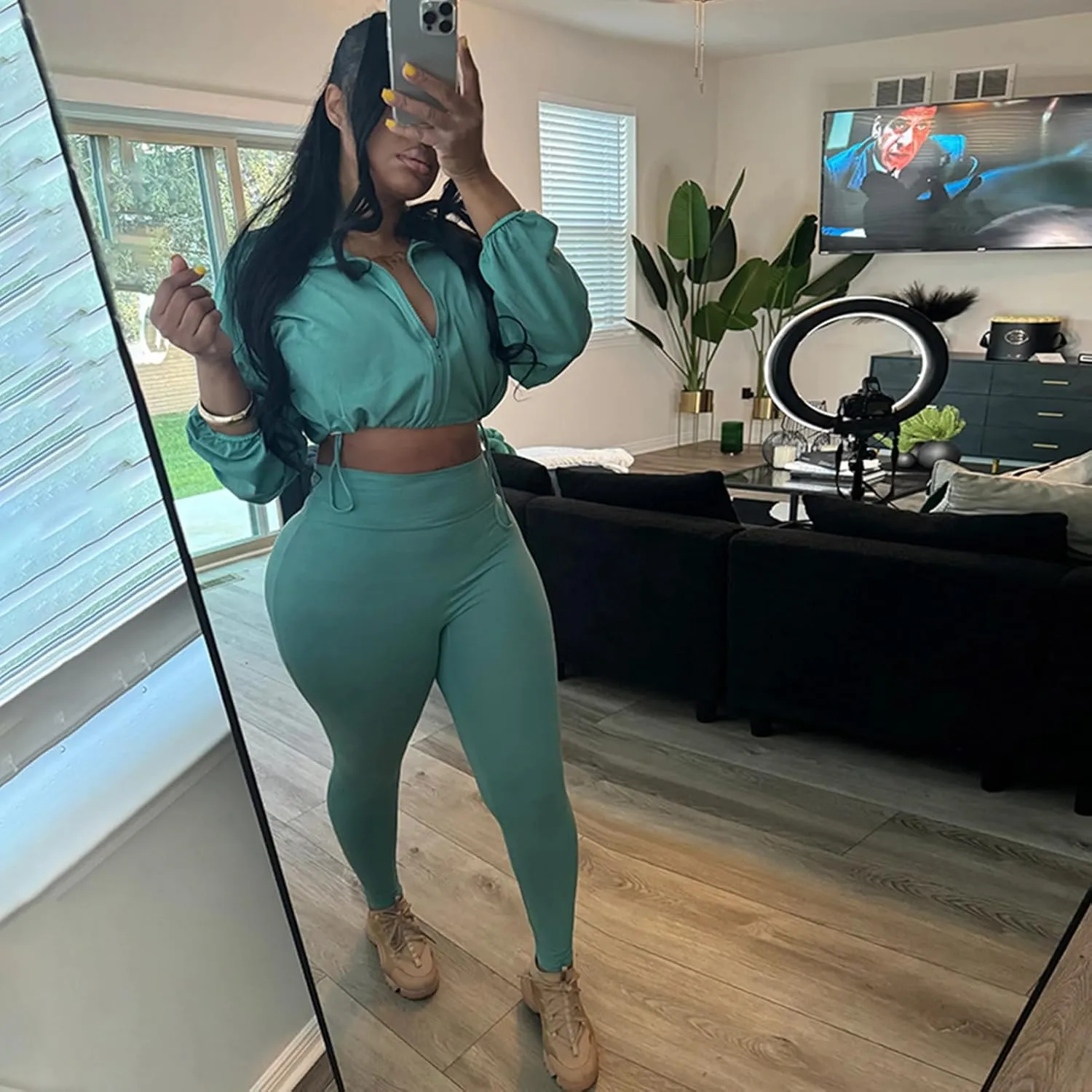 Uni Clau Women 2 Piece Outfits Tracksuit Drawstring Long Sleeve Zip Up Crop Jacket with Bodycon Pant Set Sweatsuit Clothes