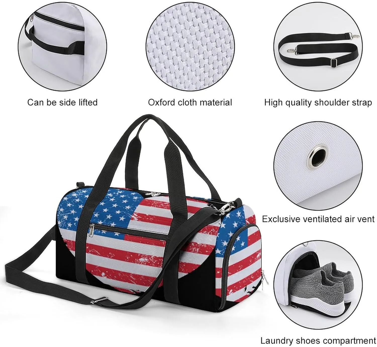 United States on America Retro Heart Flag Gym Bag-Workout Organizer with Water Resistant Compartments for Gym Lovers