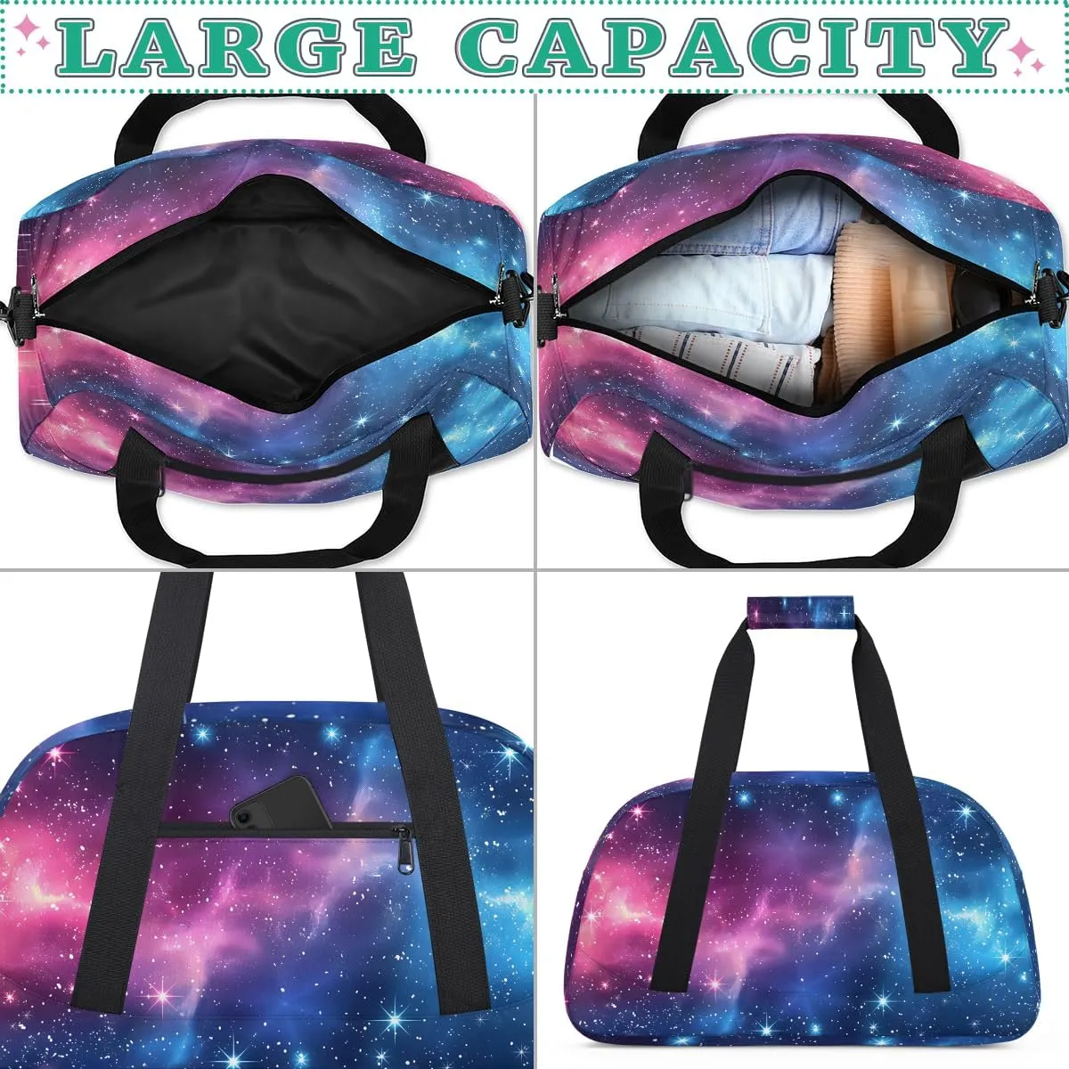 Universe Galaxy Star Space Kids Overnighter Duffel Bags for Boys, Carry-On Size Sports Gym Bag with Front Zipper Pocket for School Practice or Overnight Travel Weekender Sleepover Tote Bag