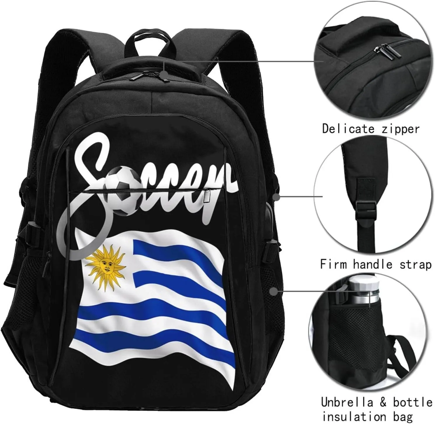 Uruguay Uruguayan Soccer Football Flag Business Laptop Backpack Travel Backpacks Outdoor Rucksack Large Bag Daypack with USB Charging Port Multi-Pocket for Hiking Camping