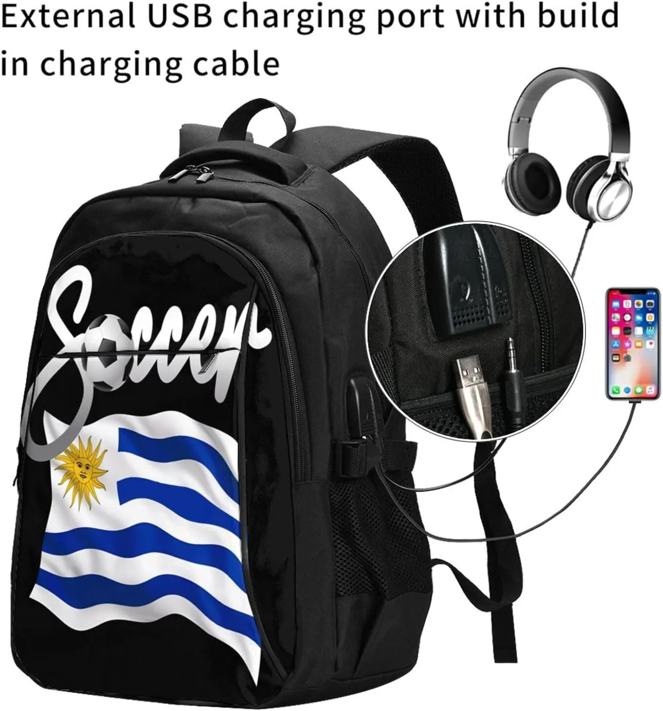 Uruguay Uruguayan Soccer Football Flag Business Laptop Backpack Travel Backpacks Outdoor Rucksack Large Bag Daypack with USB Charging Port Multi-Pocket for Hiking Camping