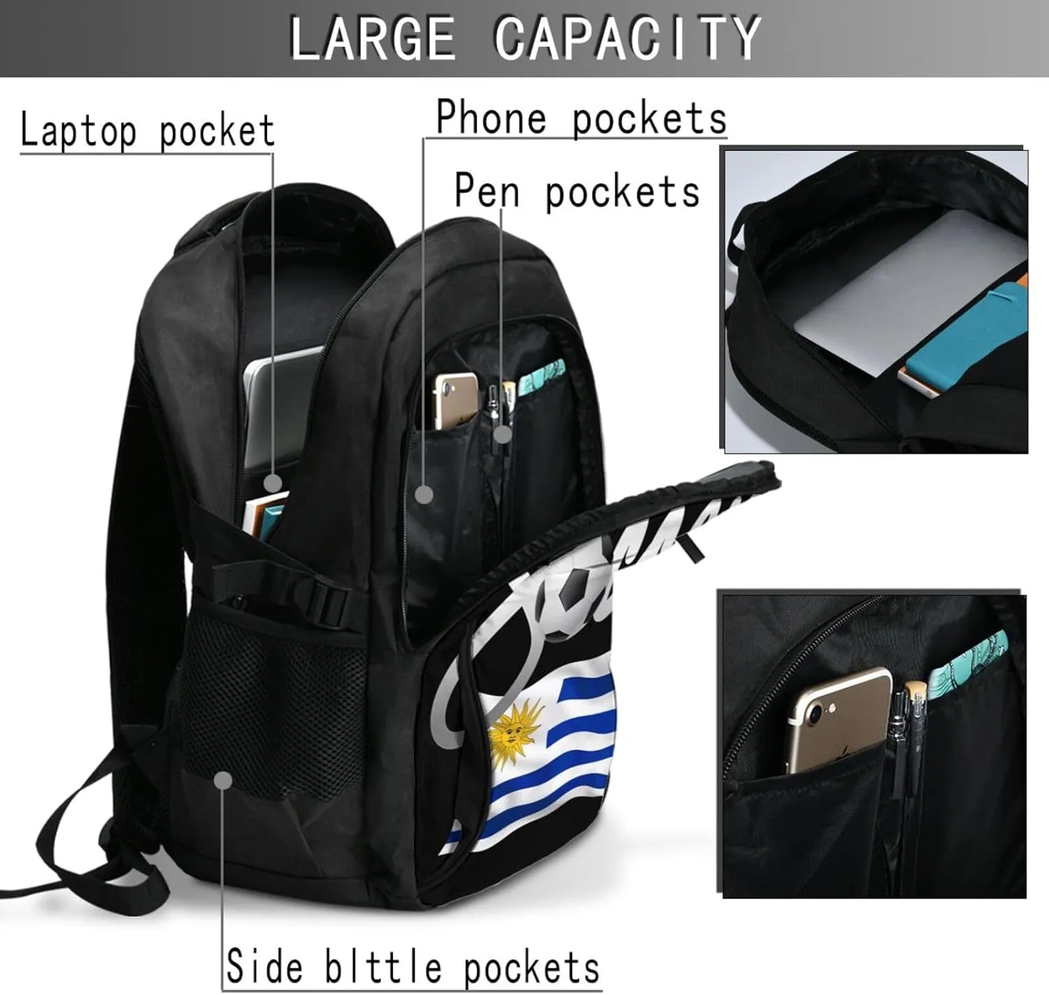 Uruguay Uruguayan Soccer Football Flag Business Laptop Backpack Travel Backpacks Outdoor Rucksack Large Bag Daypack with USB Charging Port Multi-Pocket for Hiking Camping