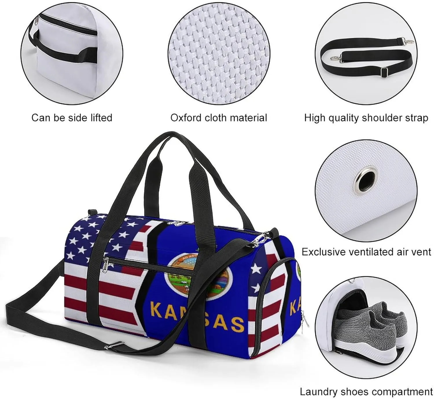 US And Kansas State Flag Gym Bag-Workout Organizer with Water Resistant Compartments for Gym Lovers, style-19-11
