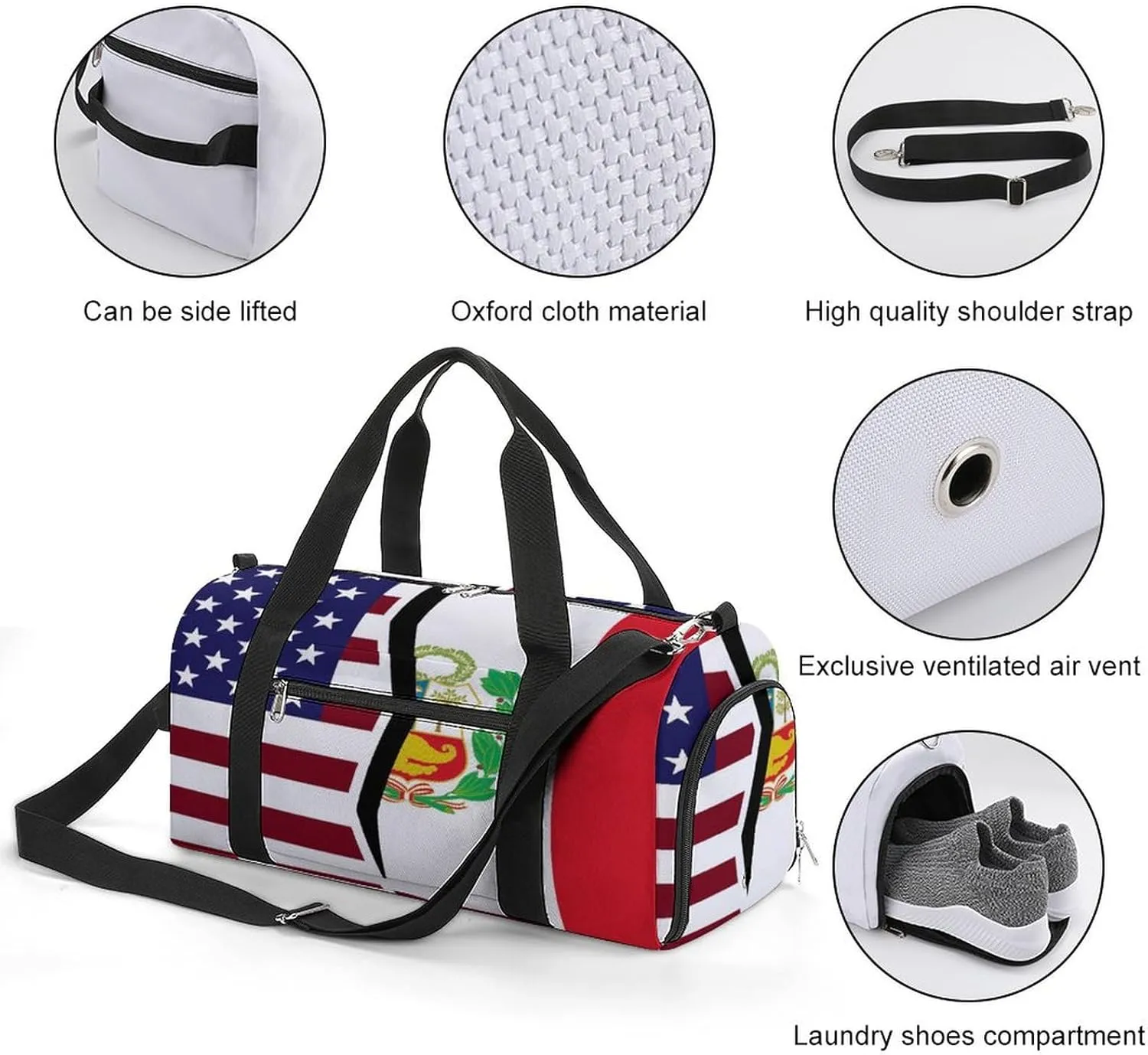 US And Peruvian Flag Gym Bag-Workout Organizer with Water Resistant Compartments for Gym Lovers