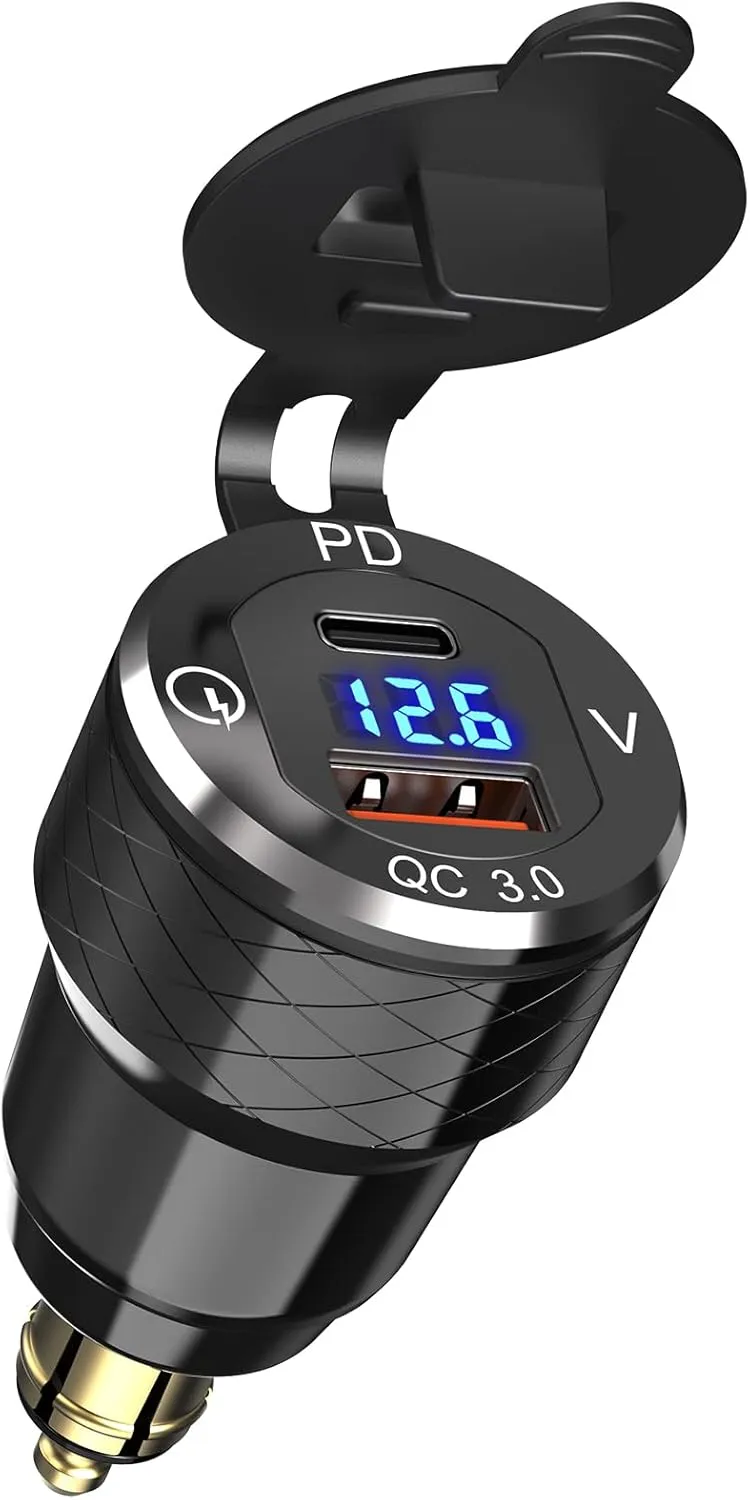 USB C 30W PD3.0 Fast Charger Din to USB, Hella Plug USB Adapter, 18W QC3.0 Power Outlet, Aluminum Voltmeter for 12V-24V Ducati Triumph BMW Motorcycle and More European Style Motorcycles