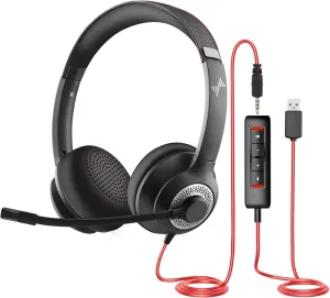 USB Headset with Mic for PC, On-Ear Computer Laptop Headphones with Noise Cancelling Microphone in-line Control for Home Office Online Class Skype Zoom (USB 3.5mm, Black)