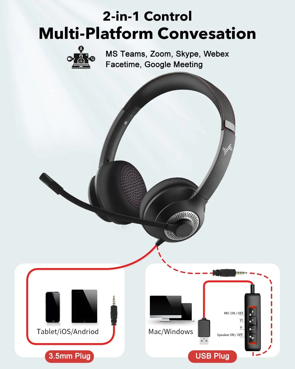 USB Headset with Mic for PC, On-Ear Computer Laptop Headphones with Noise Cancelling Microphone in-line Control for Home Office Online Class Skype Zoom (USB 3.5mm, Black)
