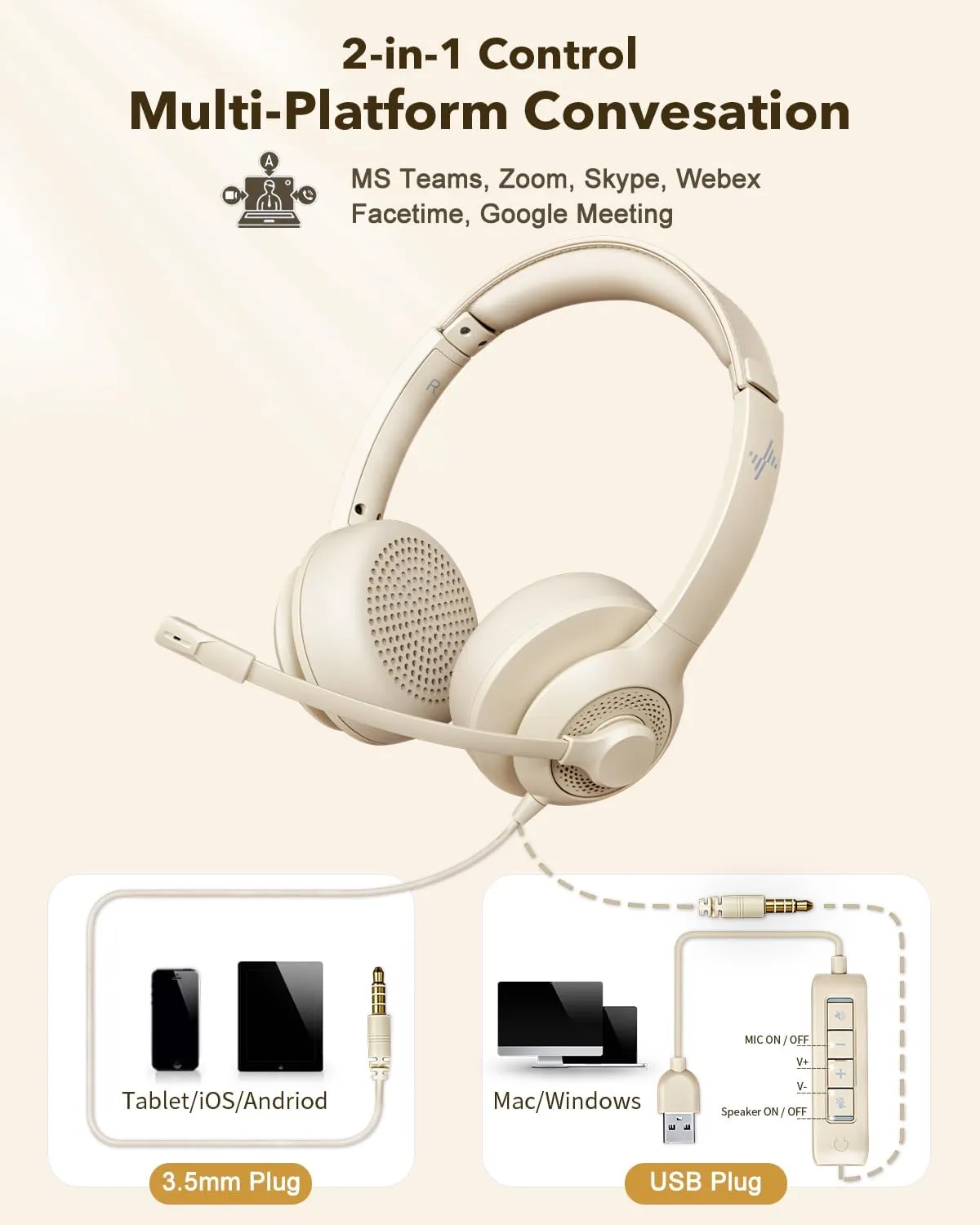 USB Headset with Microphone for PC, On-Ear Computer Laptop Headphones with Noise Cancelling Mic in-line Control for Home Office Online Class Zoom (USB 3.5mm, Apricot)
