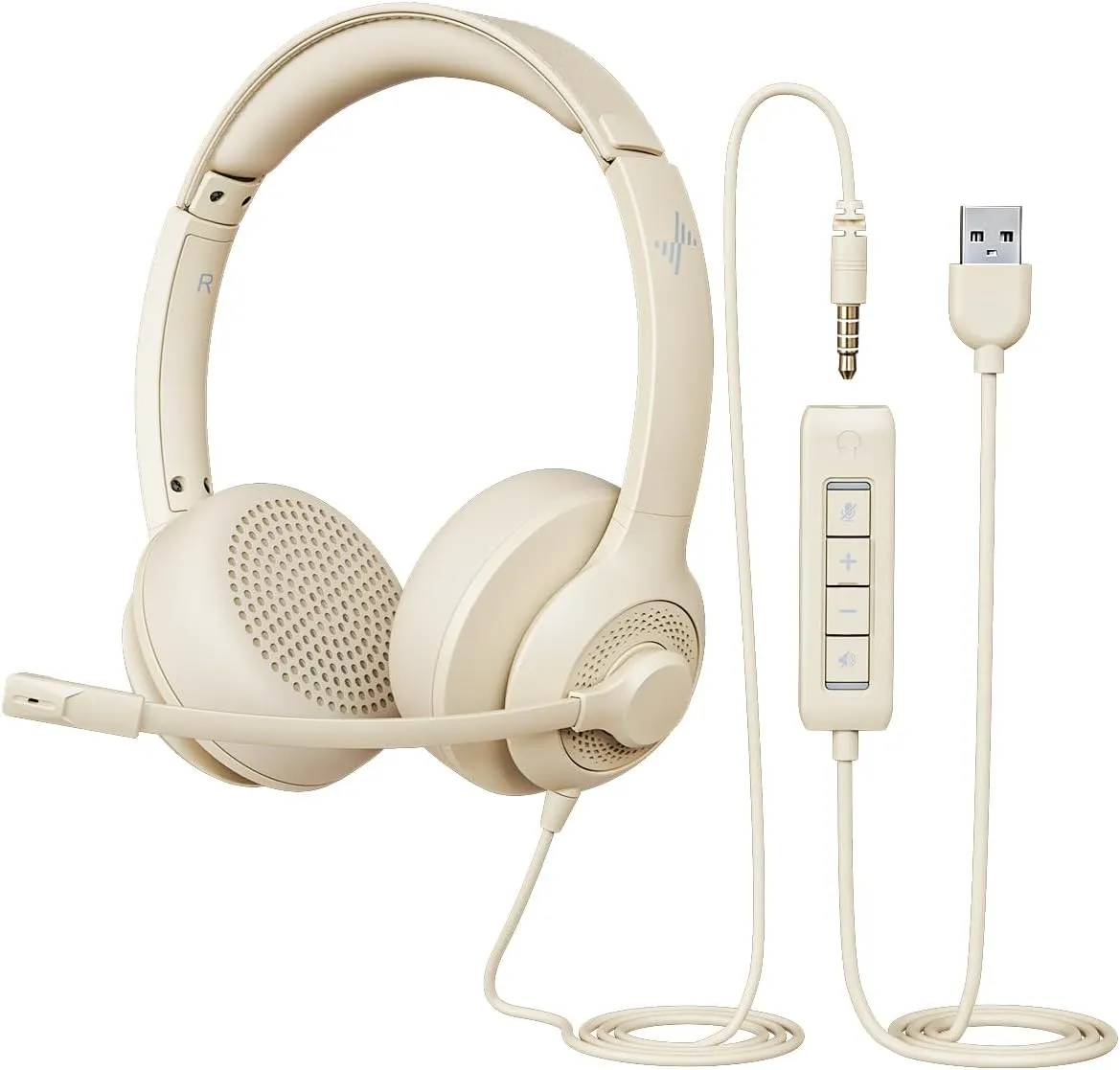 USB Headset with Microphone for PC, On-Ear Computer Laptop Headphones with Noise Cancelling Mic in-line Control for Home Office Online Class Zoom (USB 3.5mm, Apricot)