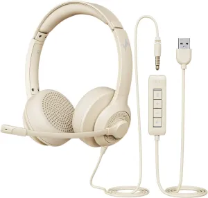 USB Headset with Microphone for PC, On-Ear Computer Laptop Headphones with Noise Cancelling Mic in-line Control for Home Office Online Class Zoom (USB 3.5mm, Apricot)