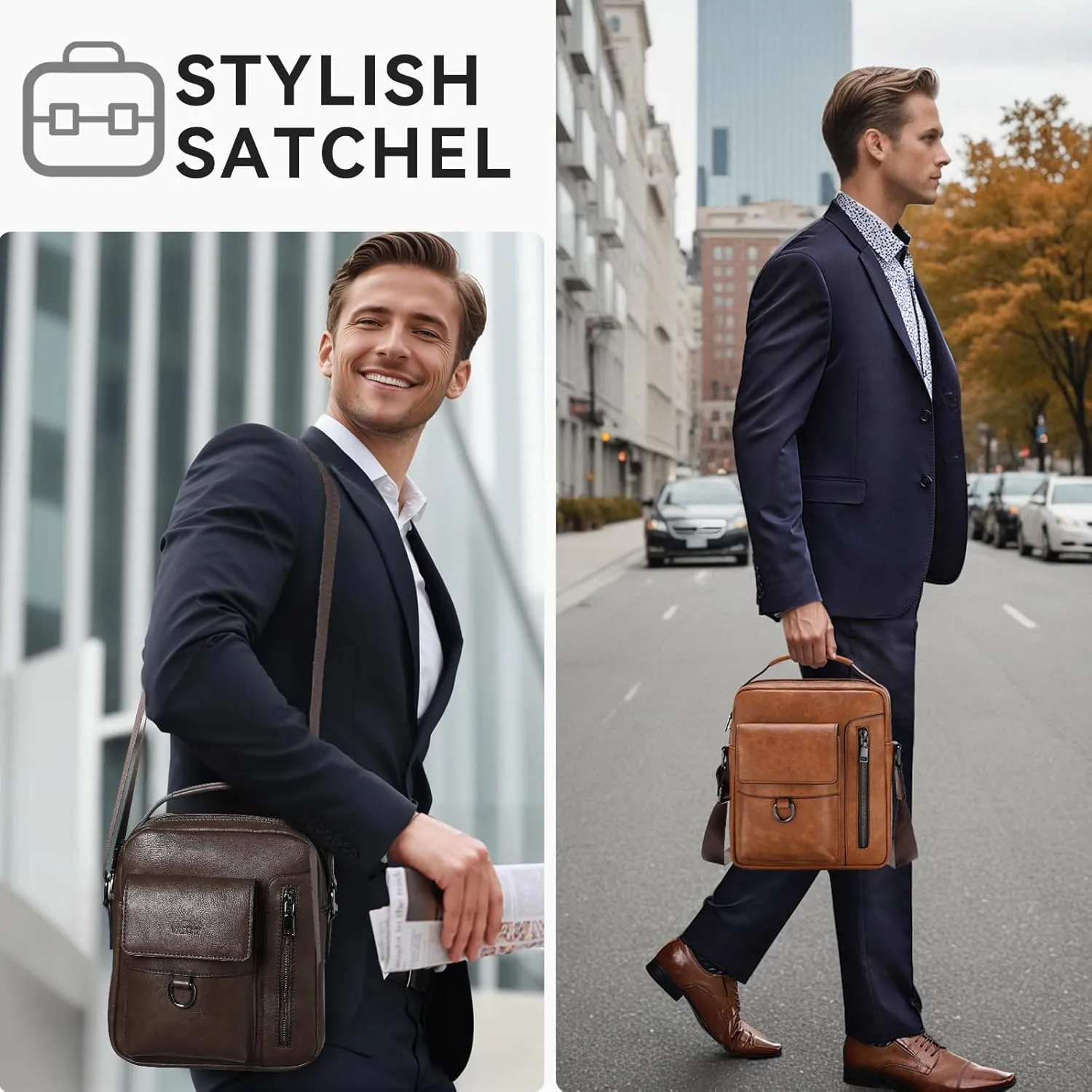 VASCHY Leather Messenger Bag For Men, Medium Satchel Crossbody Handbag Shoulder Sling Travel Side Bags Purse for Men