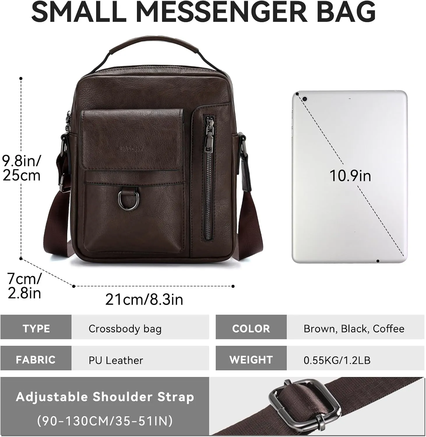 VASCHY Leather Messenger Bag For Men, Medium Satchel Crossbody Handbag Shoulder Sling Travel Side Bags Purse for Men