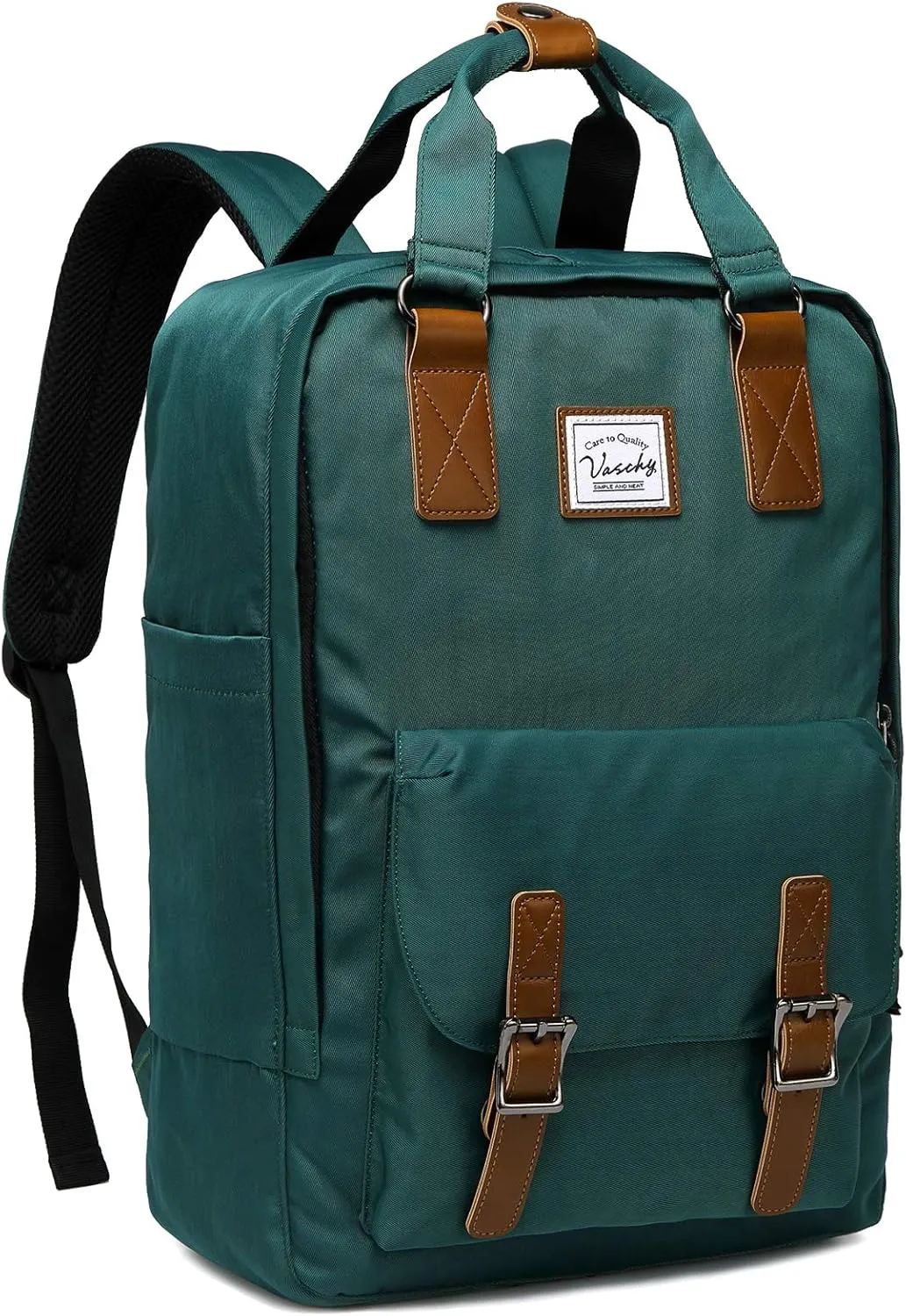 VASCHY School Backpack for Men and Women, Unisex Vintage Water Resistant Casual Daypack Rucksack Bookbag for College Fits 15inch Laptop Blackish Green