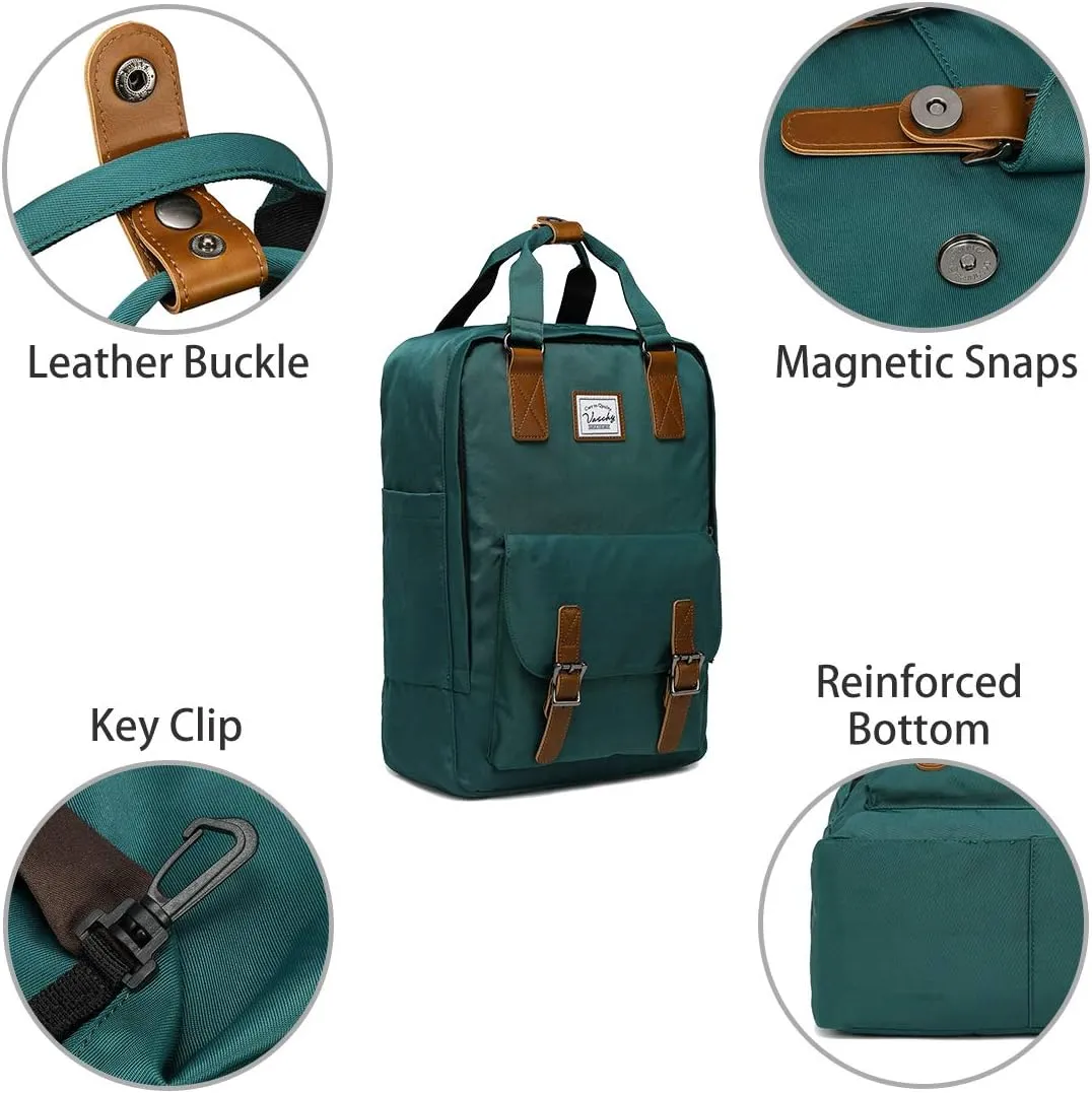 VASCHY School Backpack for Men and Women, Unisex Vintage Water Resistant Casual Daypack Rucksack Bookbag for College Fits 15inch Laptop Blackish Green