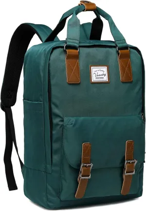 VASCHY School Backpack for Men and Women, Unisex Vintage Water Resistant Casual Daypack Rucksack Bookbag for College Fits 15inch Laptop Blackish Green