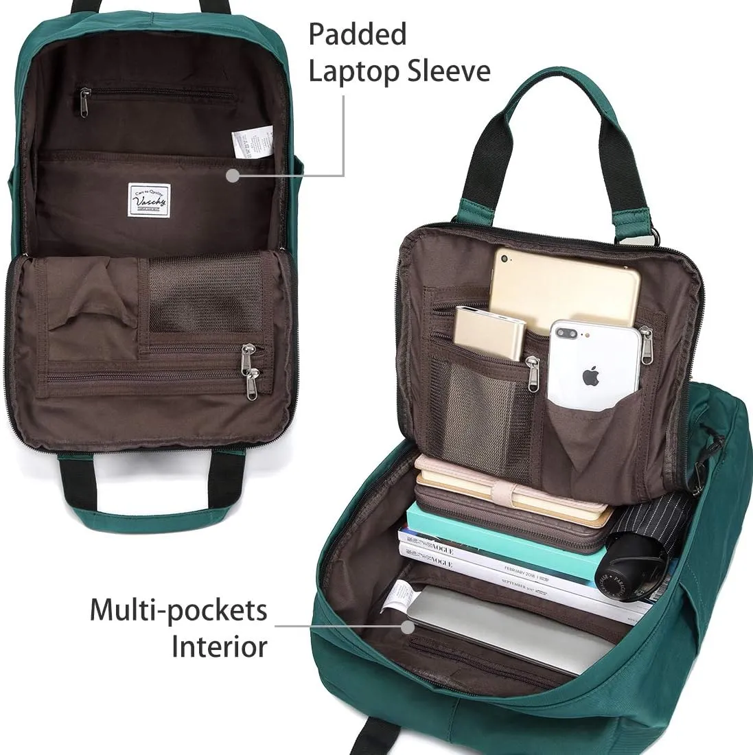 VASCHY School Backpack for Men and Women, Unisex Vintage Water Resistant Casual Daypack Rucksack Bookbag for College Fits 15inch Laptop Blackish Green