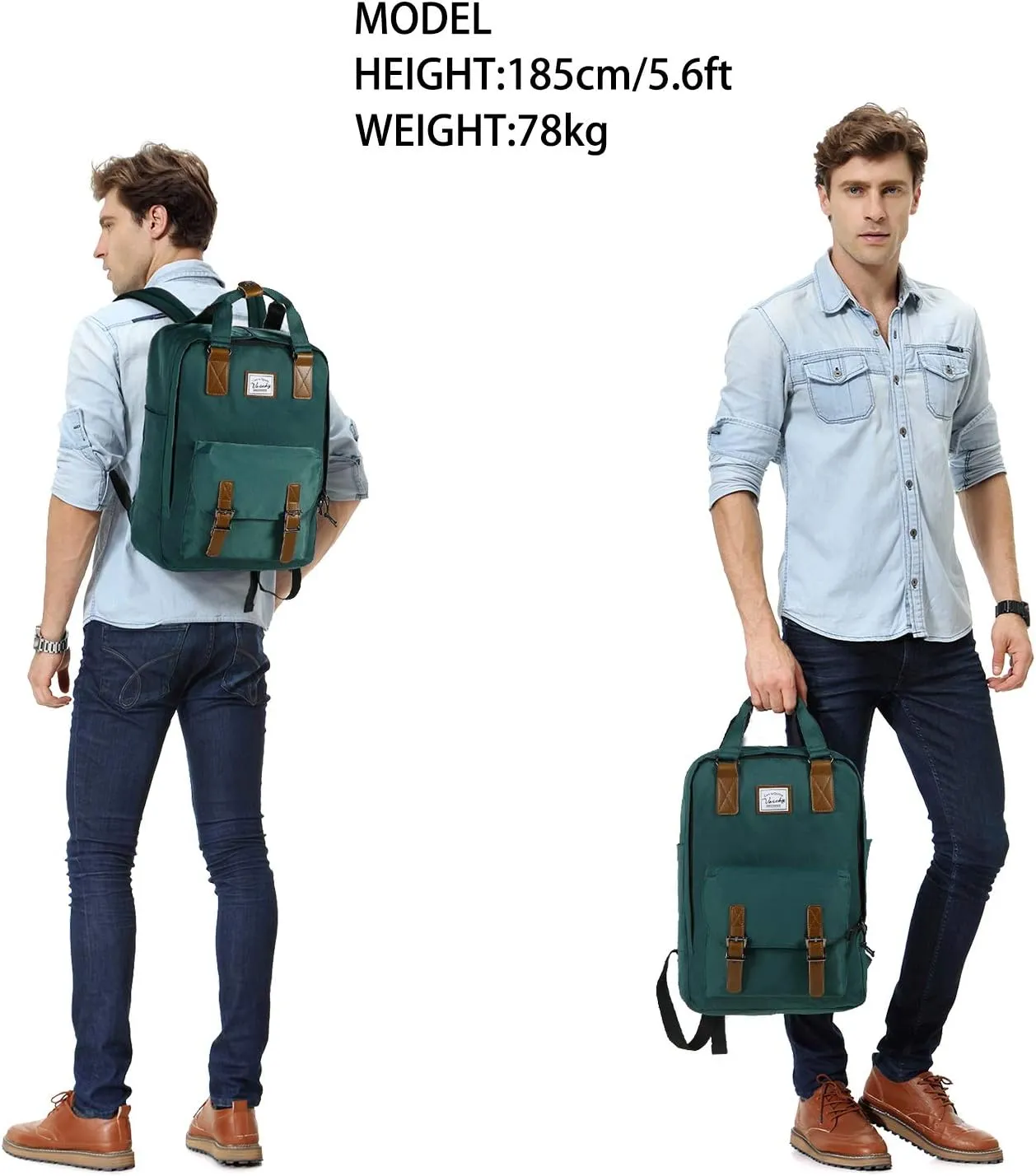 VASCHY School Backpack for Men and Women, Unisex Vintage Water Resistant Casual Daypack Rucksack Bookbag for College Fits 15inch Laptop Blackish Green