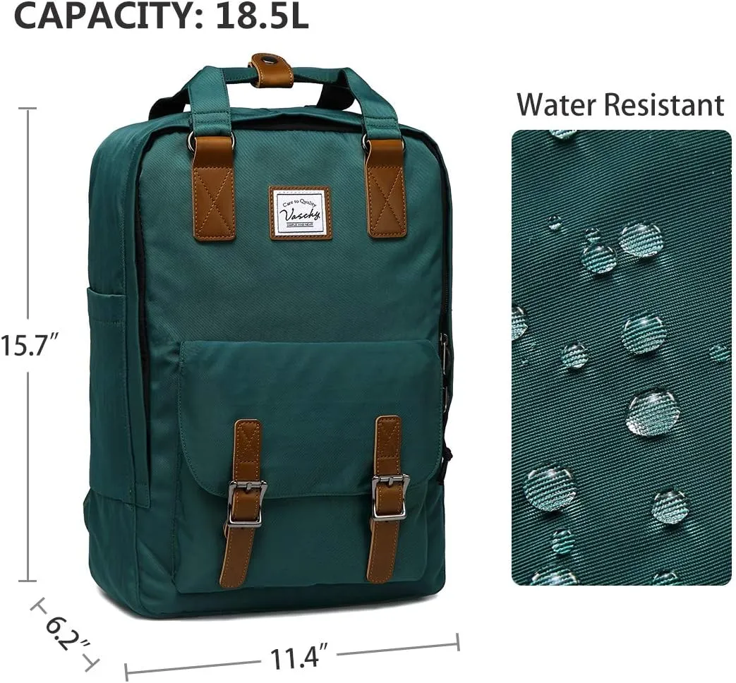 VASCHY School Backpack for Men and Women, Unisex Vintage Water Resistant Casual Daypack Rucksack Bookbag for College Fits 15inch Laptop Blackish Green