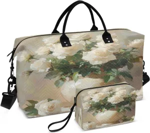 Vase White Roses Beige Sports Gym Bag for Women Men Travel Duffel Bag Weekend Overnight Carry on Bag with Toiletry Bag Training Handbag for Plane Hospital Workout Swimming Yoga