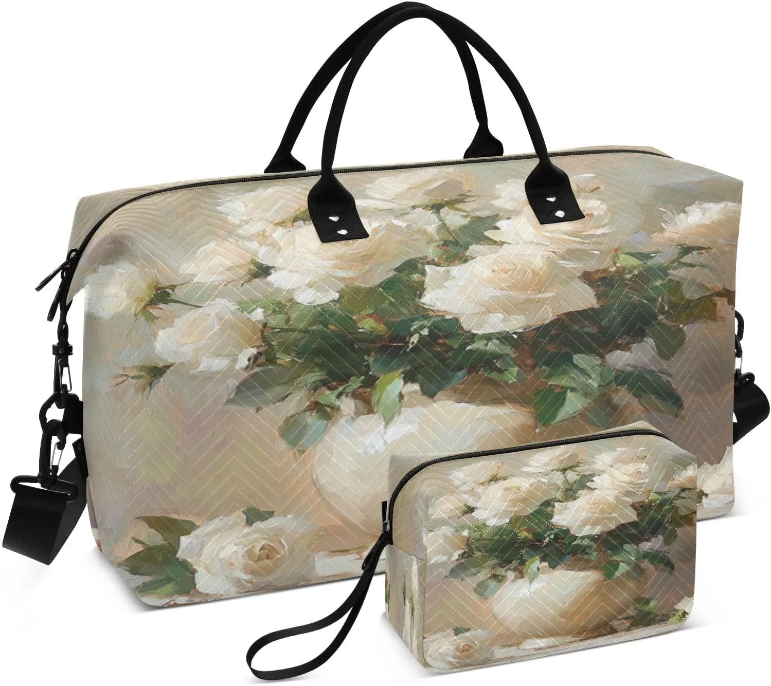 Vase White Roses Beige Sports Gym Bag for Women Men Travel Duffel Bag Weekend Overnight Carry on Bag with Toiletry Bag Training Handbag for Plane Hospital Workout Swimming Yoga
