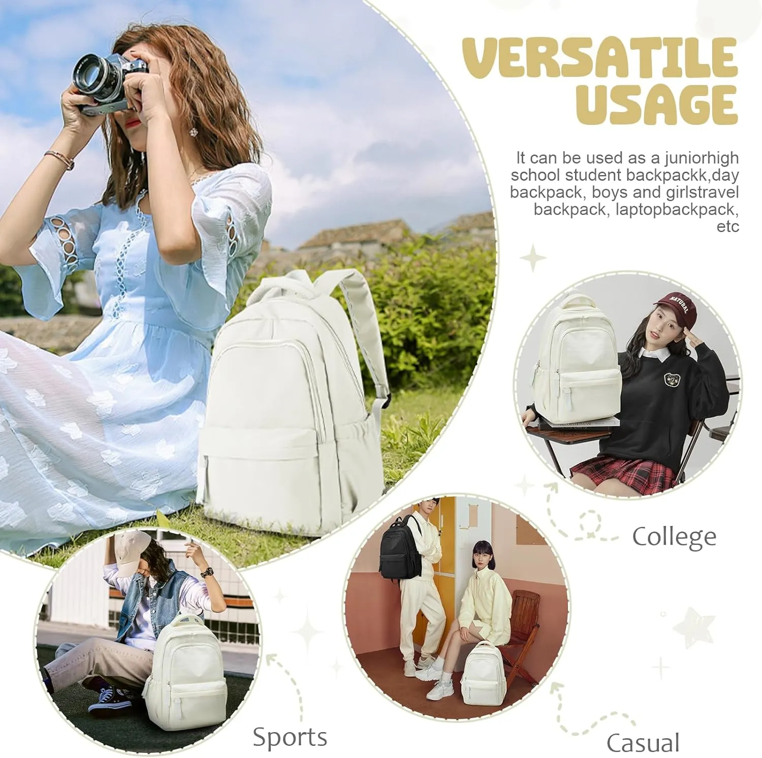 VECAVE School Backpack Beige College High School Bags backpack for Boys Girls Teens Waterproof Bookbag Casual Lightweight Travel Rucksack Daypack Backpacks for Men Women