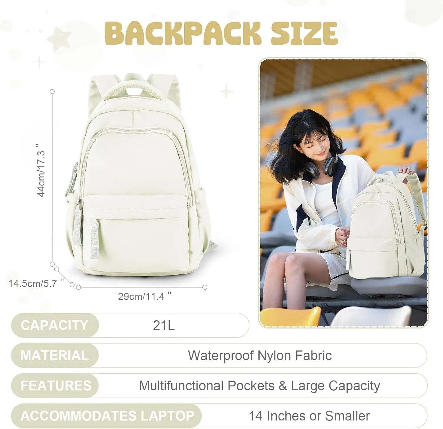 VECAVE School Backpack Beige College High School Bags backpack for Boys Girls Teens Waterproof Bookbag Casual Lightweight Travel Rucksack Daypack Backpacks for Men Women