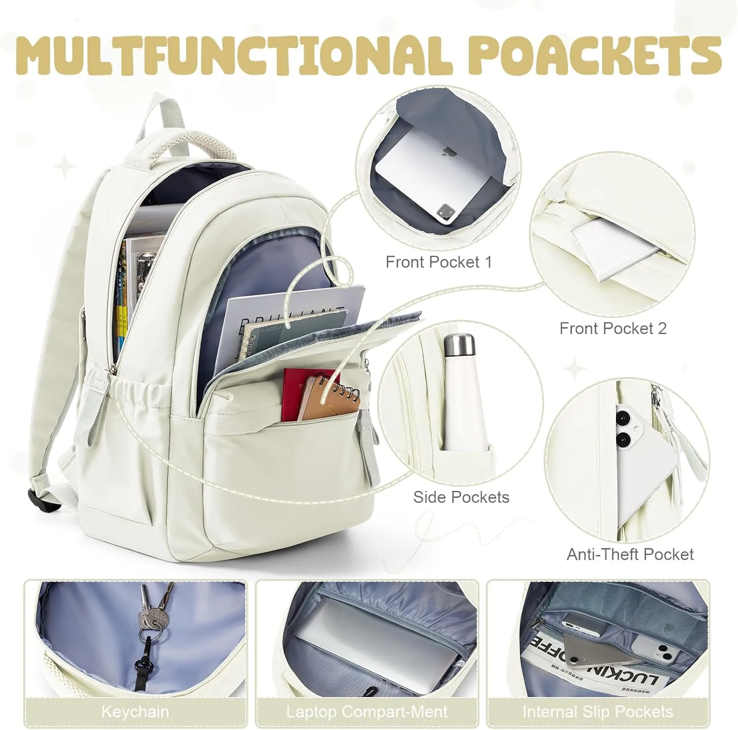 VECAVE School Backpack Beige College High School Bags backpack for Boys Girls Teens Waterproof Bookbag Casual Lightweight Travel Rucksack Daypack Backpacks for Men Women
