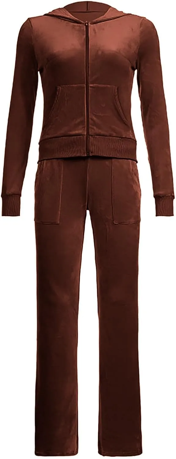 Velour Tracksuit Womens Two Piece Lounge Set Long Sleeve Zip up Hooded Jacket Wide Leg Pants Y2k Sweatsuit Set