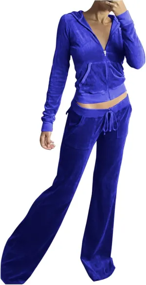 Velour Tracksuit Womens Two Piece Lounge Set Long Sleeve Zip up Hooded Jacket Wide Leg Pants Y2k Sweatsuit Set