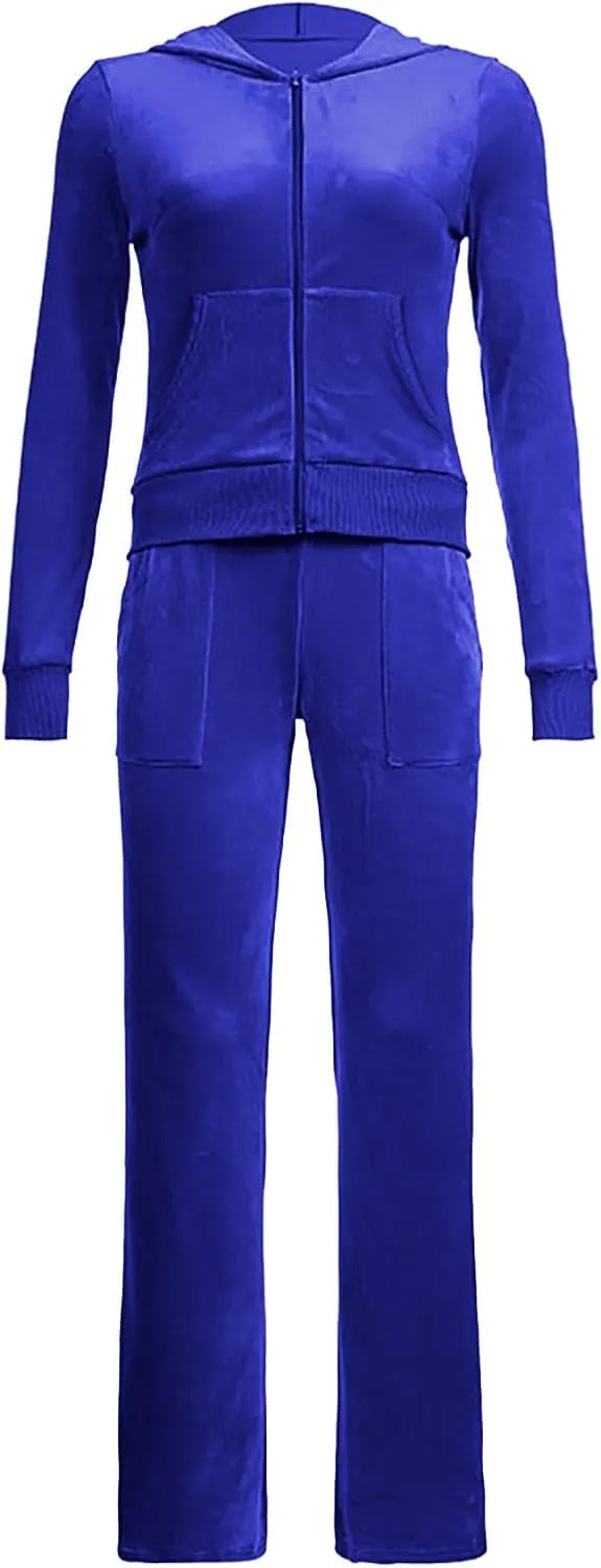 Velour Tracksuit Womens Two Piece Lounge Set Long Sleeve Zip up Hooded Jacket Wide Leg Pants Y2k Sweatsuit Set