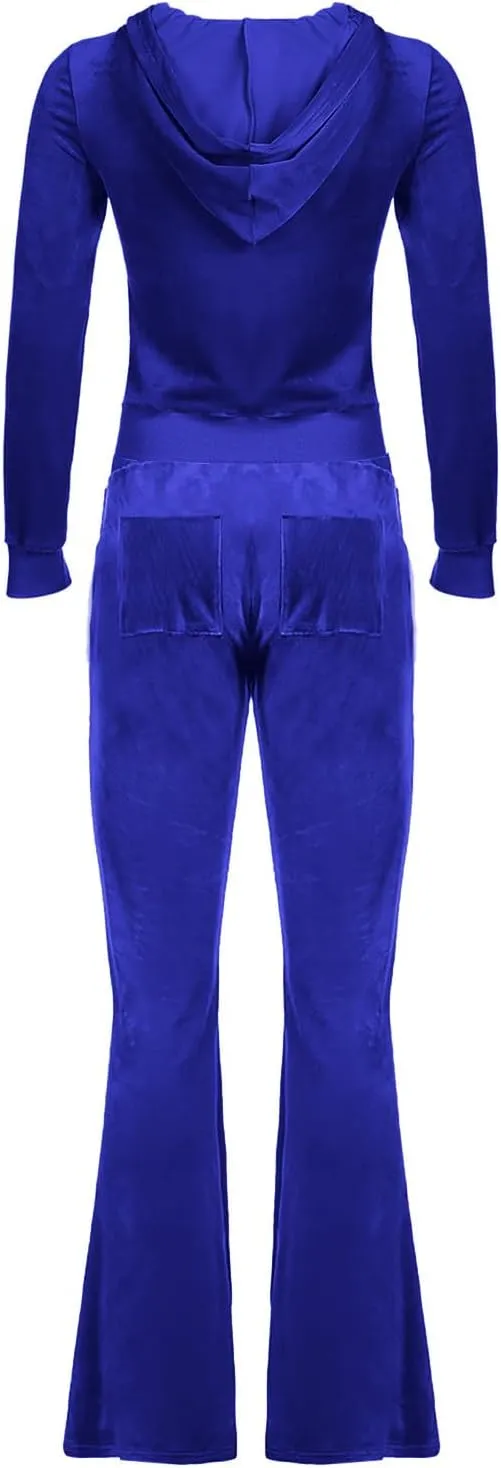 Velour Tracksuit Womens Two Piece Lounge Set Long Sleeve Zip up Hooded Jacket Wide Leg Pants Y2k Sweatsuit Set