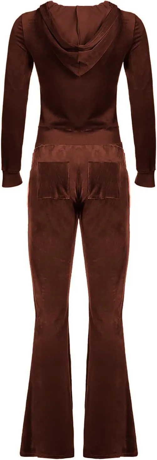 Velour Tracksuit Womens Two Piece Lounge Set Long Sleeve Zip up Hooded Jacket Wide Leg Pants Y2k Sweatsuit Set