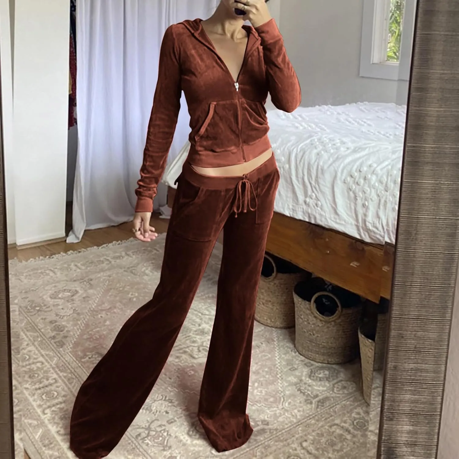 Velour Tracksuit Womens Two Piece Lounge Set Long Sleeve Zip up Hooded Jacket Wide Leg Pants Y2k Sweatsuit Set